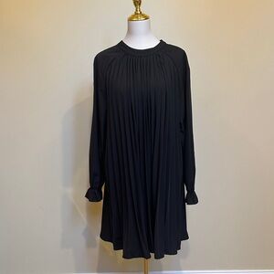 Black Pleated Long Sleeve Mini Dress – Bow Tie Neck, Flowy A-Line, Size M